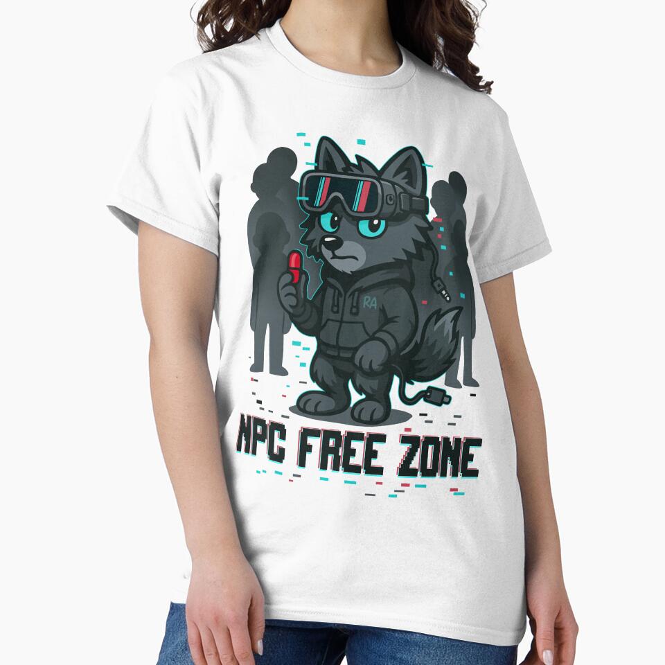 NPC Free Zone – Anti Conformist Wolf with Red Pill and Glitch Style by Rebel Animal