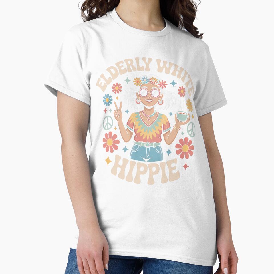 Elderly White Hippie Woman Retro Design – Peace and Love Flower Power Style by PosiMCreations