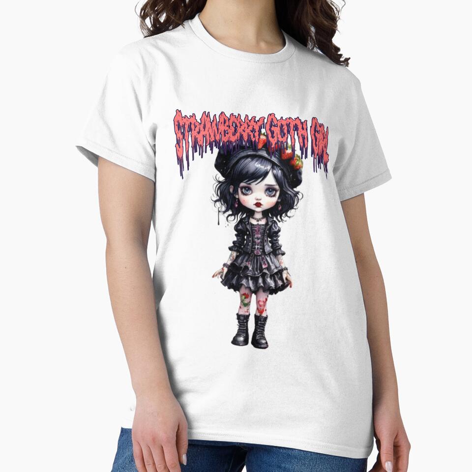 Strawberry Goth Girl wearing Black Beret with strawberries on it in watercolor paint by EmeraldCauldren