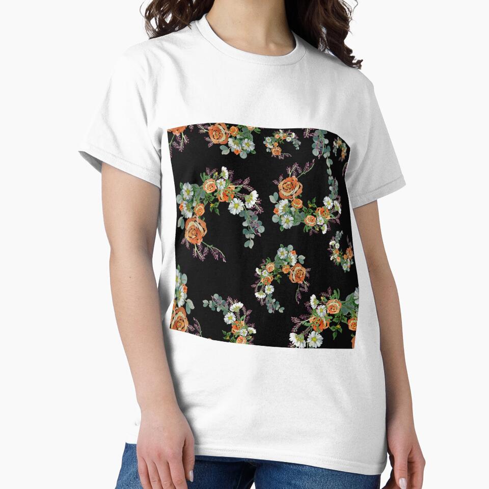 Flower rose daisy branch pattern a watercolor black by Yana Mustafina | Boho Soulful Designs