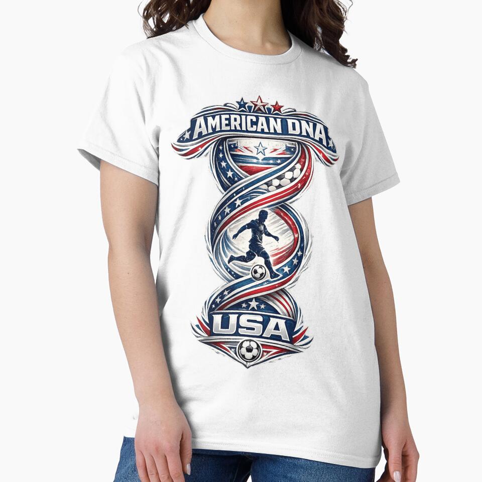 American DNA Football T-Shirt | USA Soccer Fan Design by Atlas Ink Lab