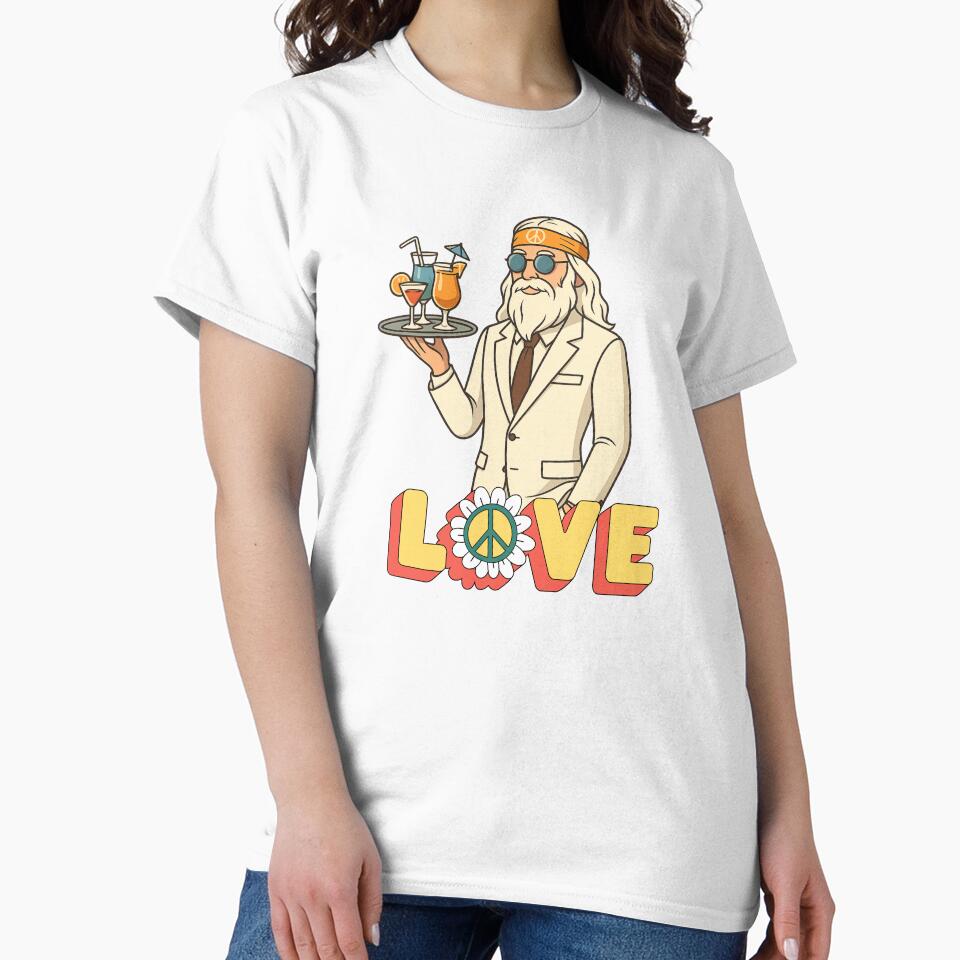Elderly White Hippie Waiter – Funny Retro Cocktail Server Design by Lunaria Arts