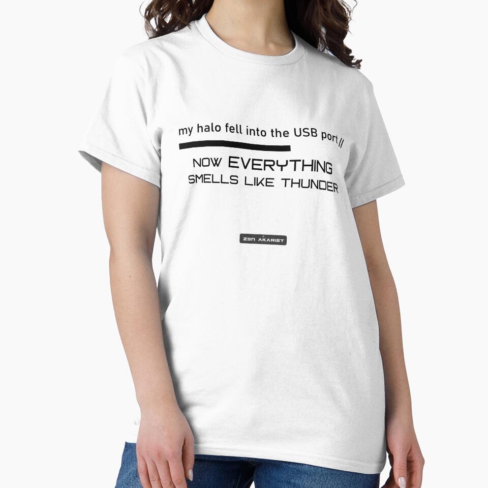 “My Halo Fell into the USB Port” – Glitch Aesthetic Cyber Zen T-Shirt by Zen Akarist