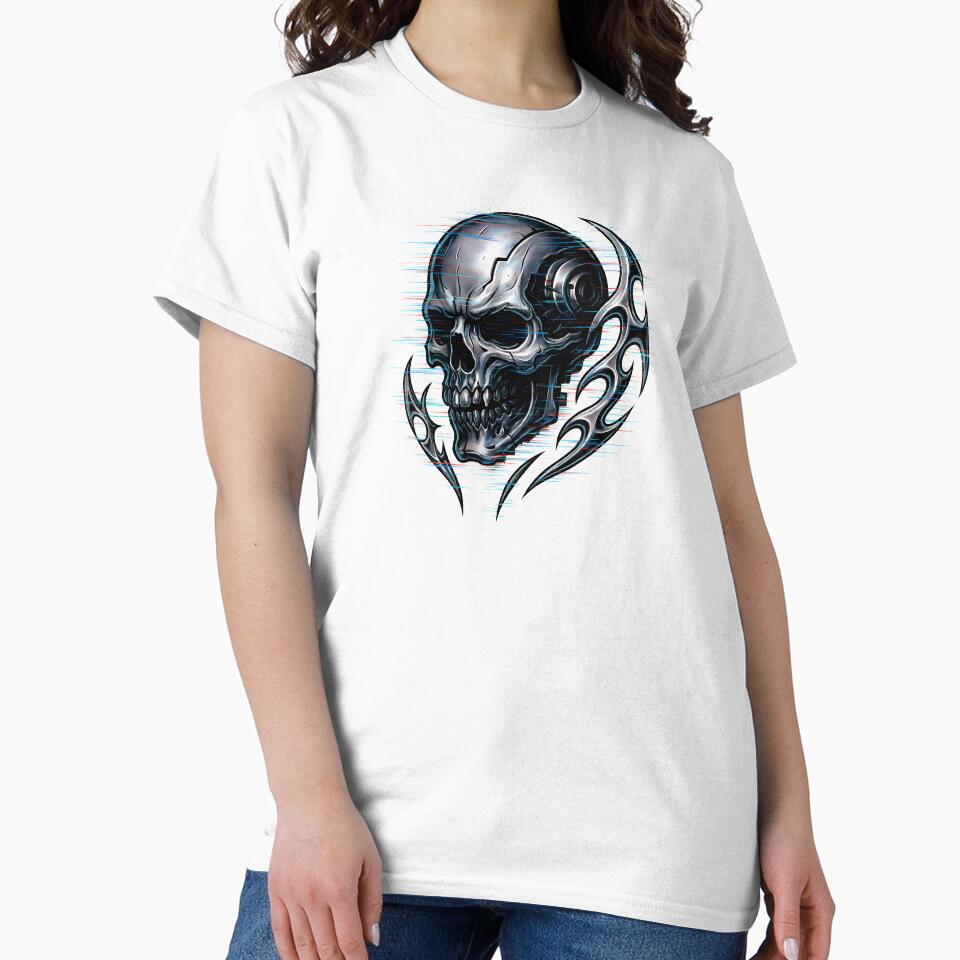 Cybernetic Skull Glitch – Y2K Chrome Techwear Design by Pickmash