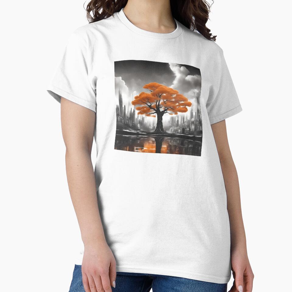 Futuristic City and Lone Tree – Surreal Cyberpunk Nature Art by MystiqSlav