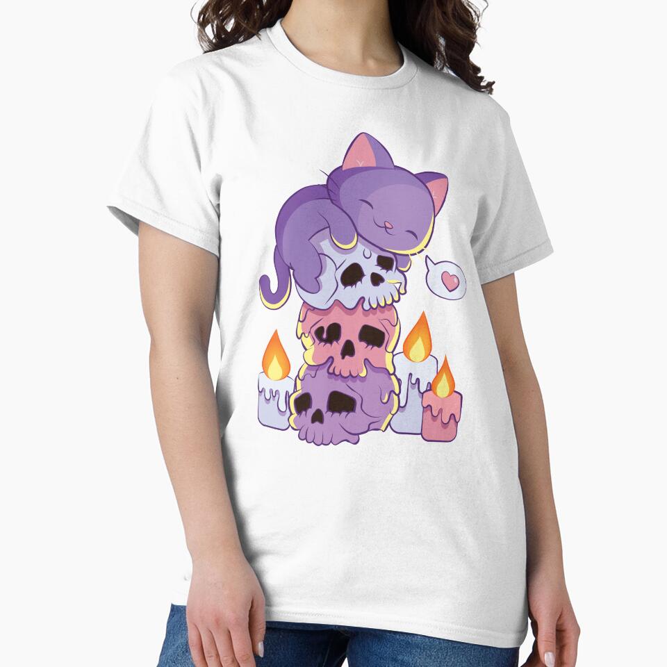 Purple Cat on Skulls Creepy Cute Aesthetic Anime Kawaii Pastel Goth by Irene Koh