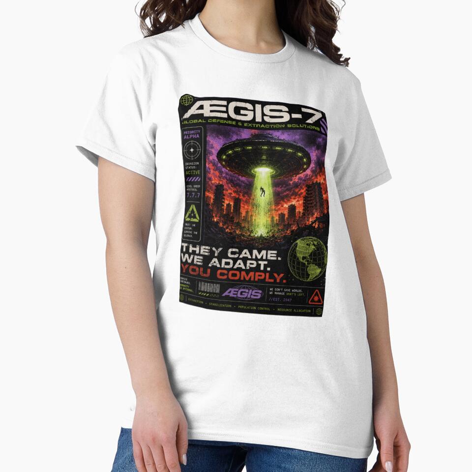 AEGIS-7 Alien Invasion Sci-Fi Dystopian Poster Style T-Shirt by TheClockOutClub
