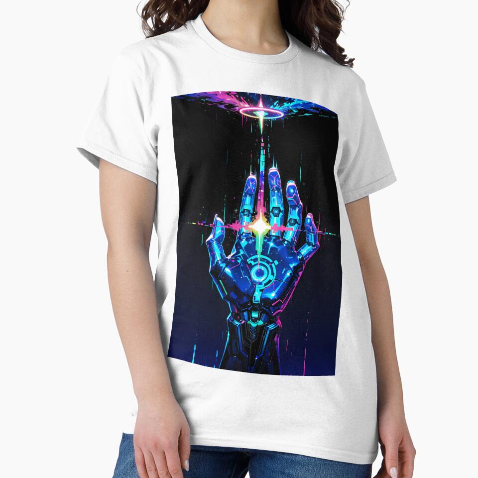 Cybernetic Hand Reaching for Neon Energy Portal – Sci-Fi Tech Glitch Art by Xynith