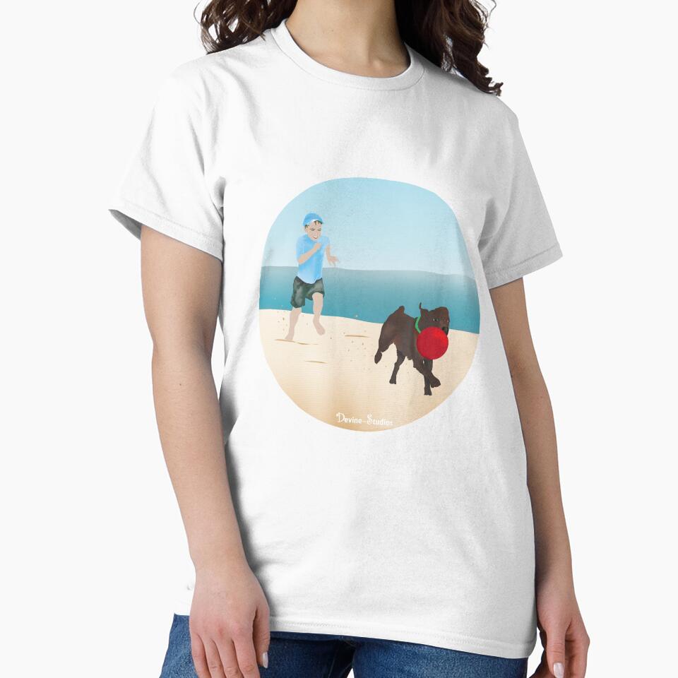 Boy and Dog Playing Ball at the Beach by Devine-Studios