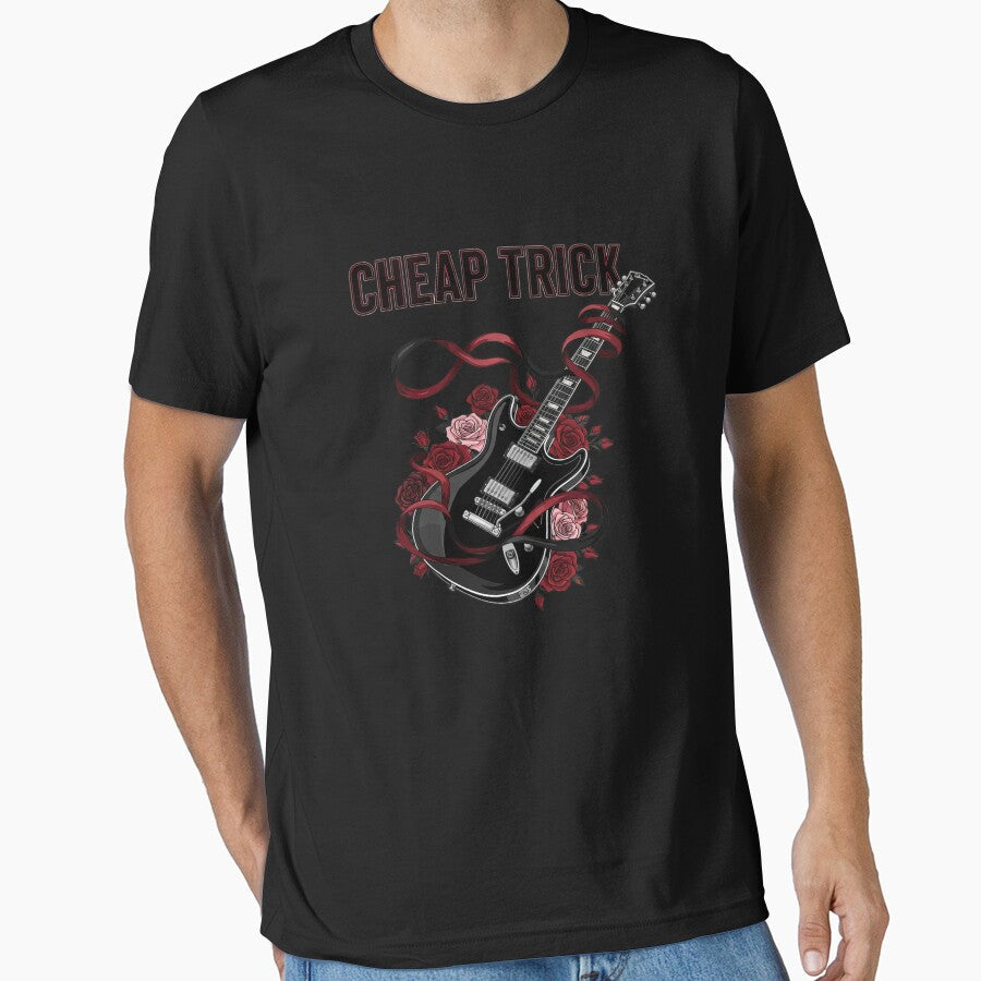 Cool Cheap Trick Typography with Guitar Ribbon and Red Roses #6273 by trusty-ben-art