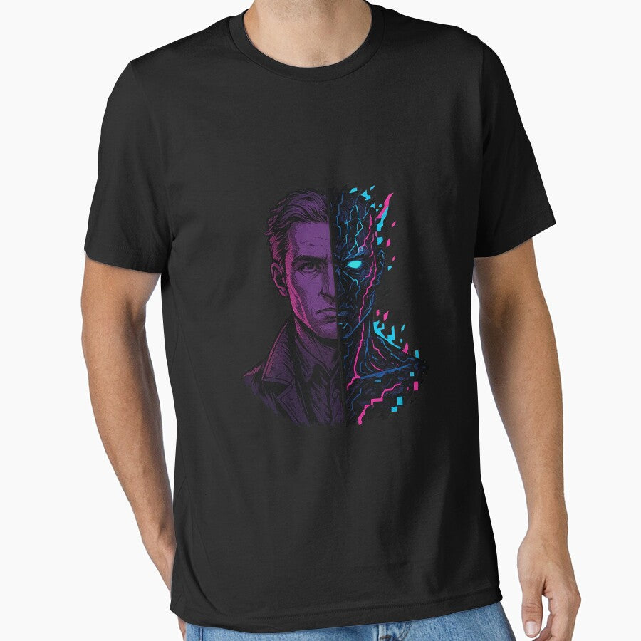 Human vs AI Doppelgänger – Split Cyberpunk Portrait by AddictiveDesign