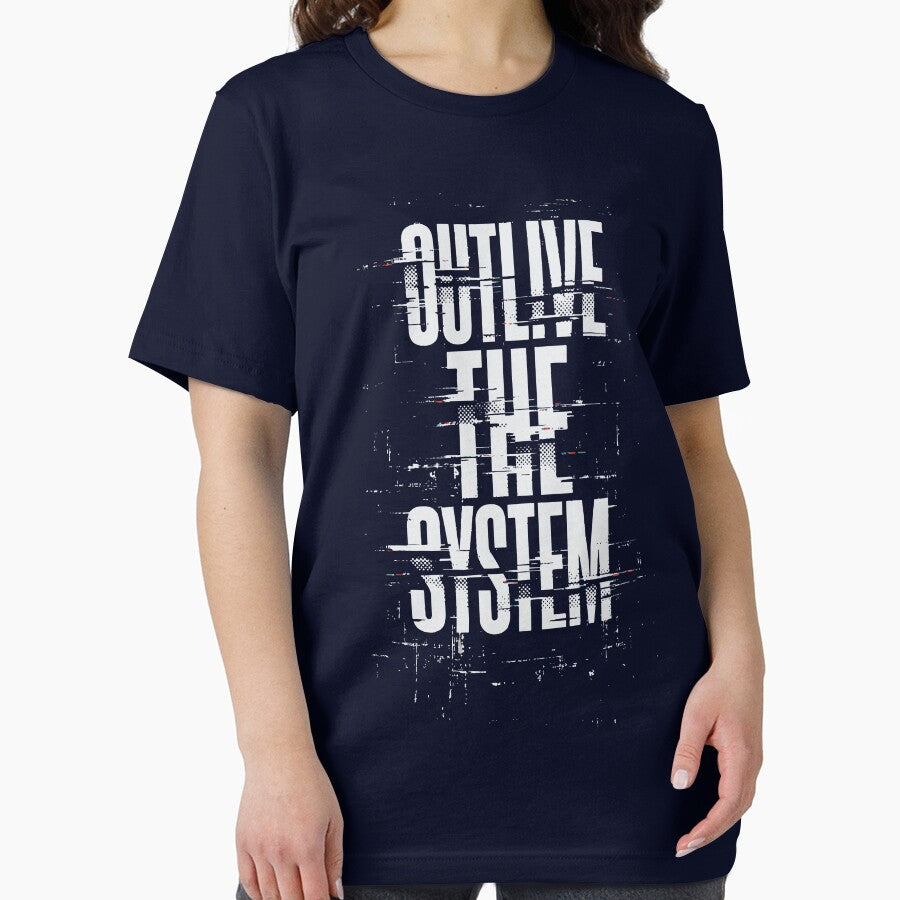 Brutalist white text OUTLIVE THE SYSTEM with digital glitch effects and halftone dots. Features scan lines and data corruption texture on solid black by Dejbar