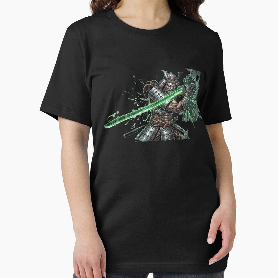Cyber Samurai – Neon Katana Matrix Warrior T-Shirt by MiracleDroplet