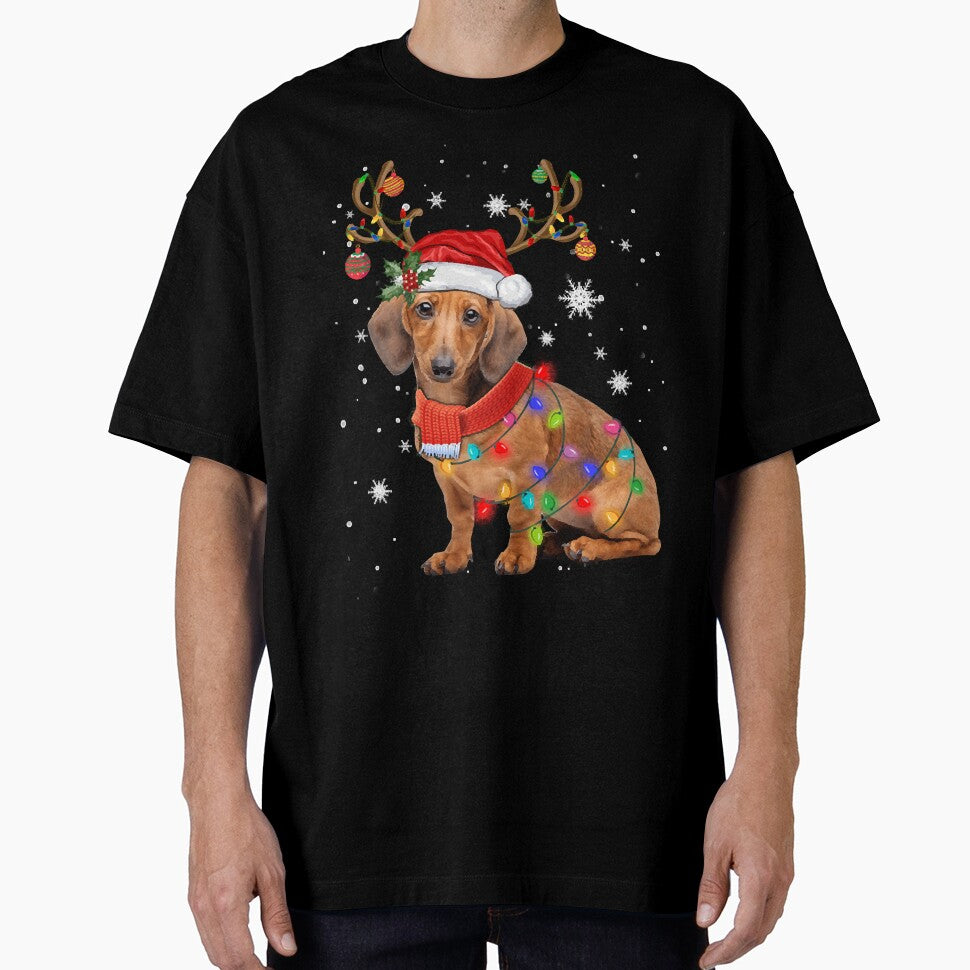 Funny Daschund Dog Christmas Reindeer Santa Hat Xmas Light Pajama by ndavis173