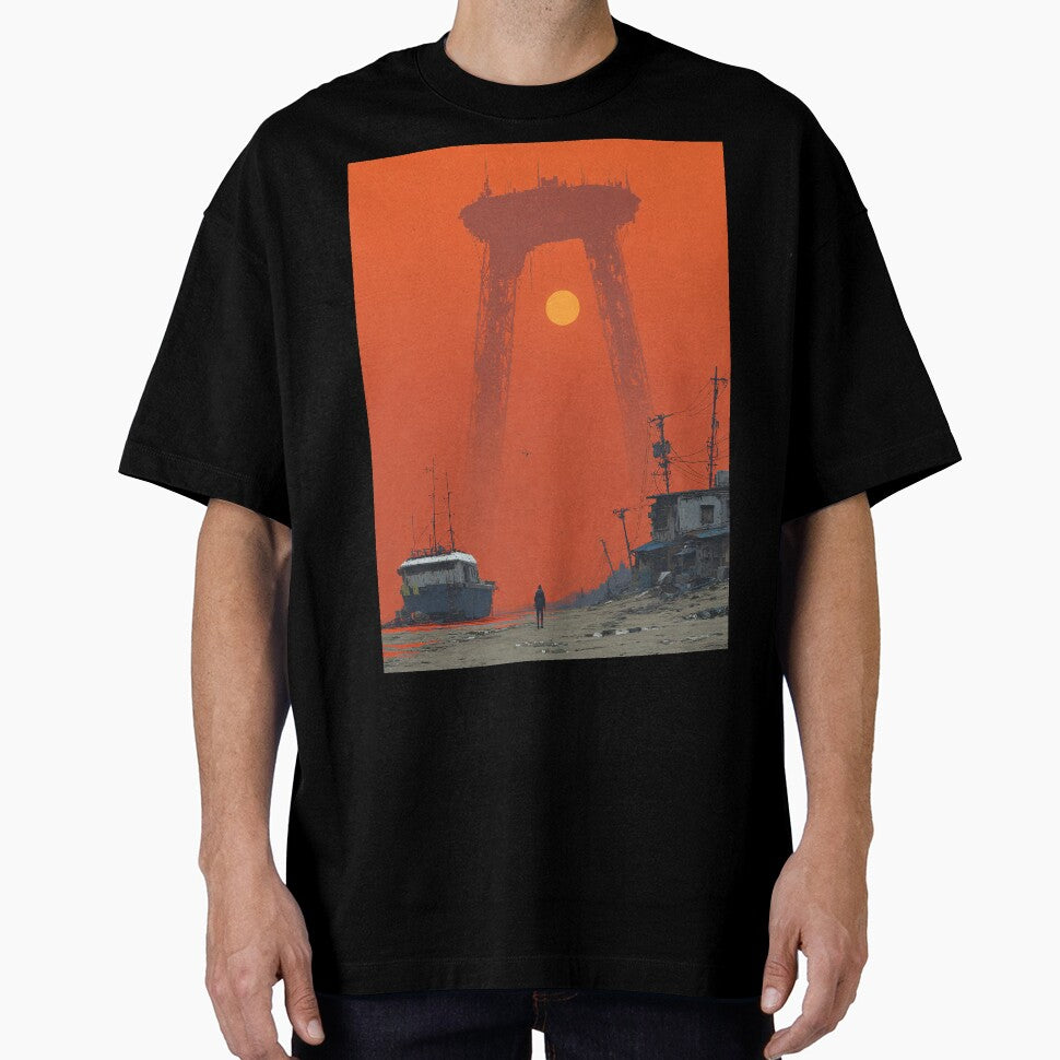 Dystopian Sci Fi Landscape Digital Art Cyberpunk Wall Decor Orange Sunset Poster Future Concept Print by MetroEnvision