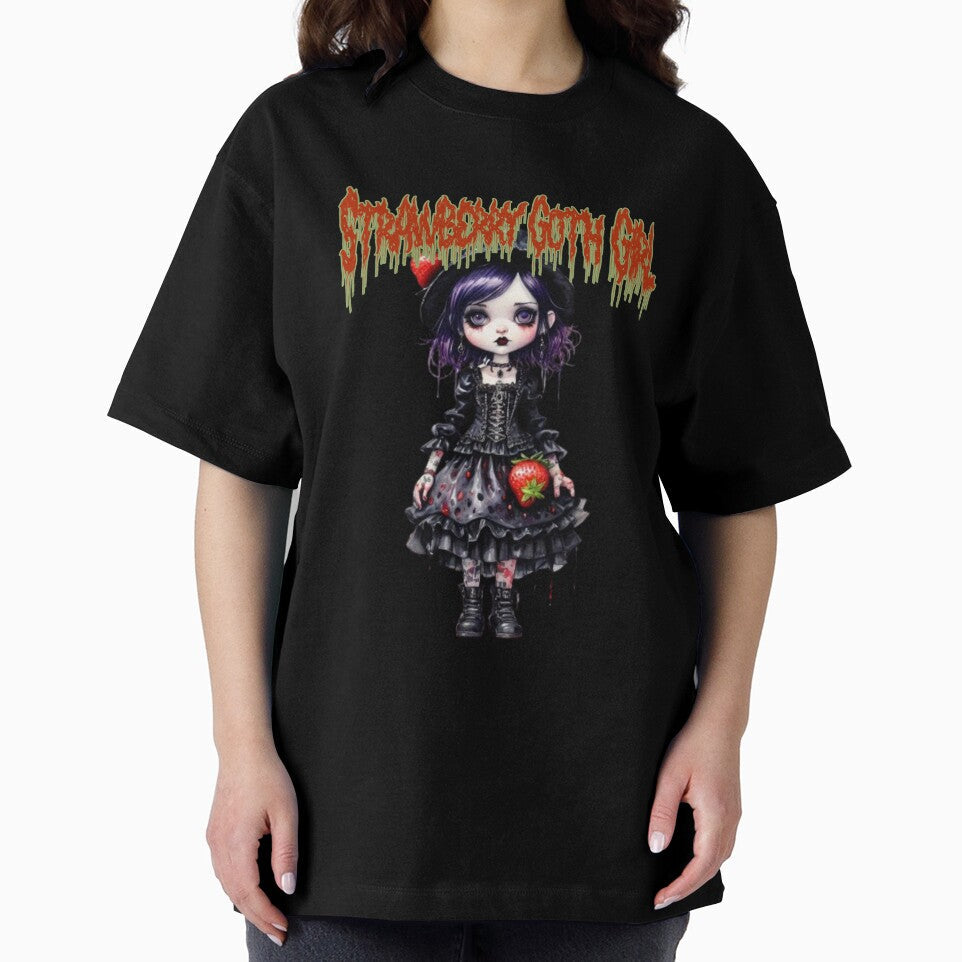 Strawberry Goth Girl with Strawberry on her dress in watercolor paint by EmeraldCauldren