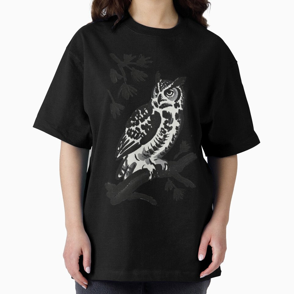A black ink brush sumi-e painting of a great horned owl perched on weathered pine by 123ks