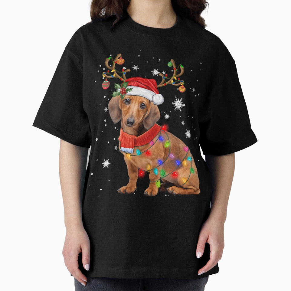 Funny Daschund Dog Christmas Reindeer Santa Hat Xmas Light Pajama by ndavis173