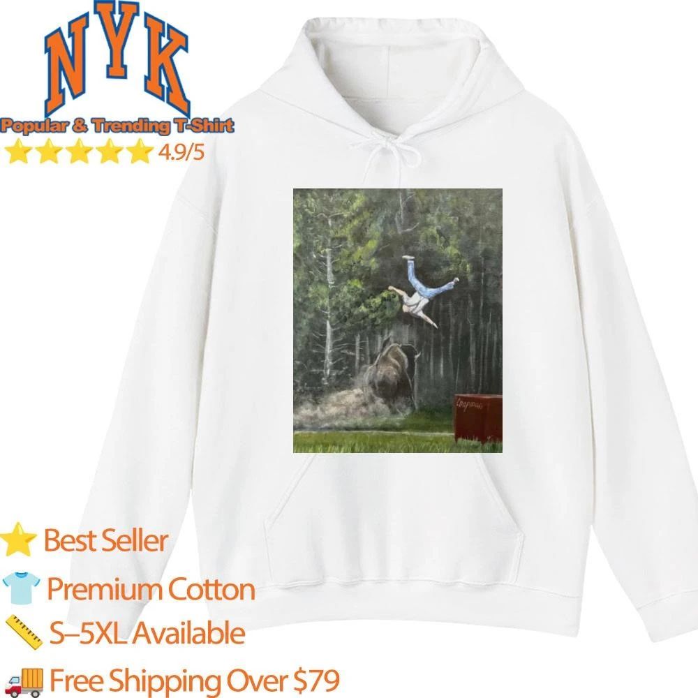 Man Flying Flipped By Charging Bison Painting Graphic Shirt