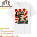Vintage DJ Cat with Headphones Sunglasses and Retro Sunburst Japanese Style T Shirt