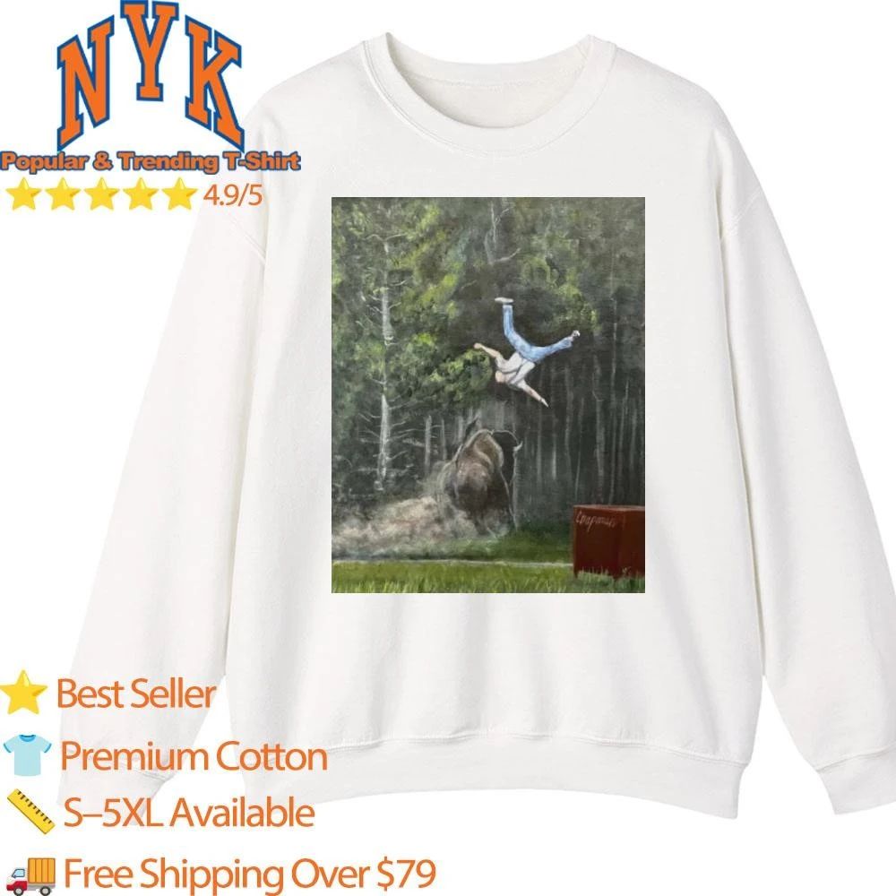 Man Flying Flipped By Charging Bison Painting Graphic Shirt