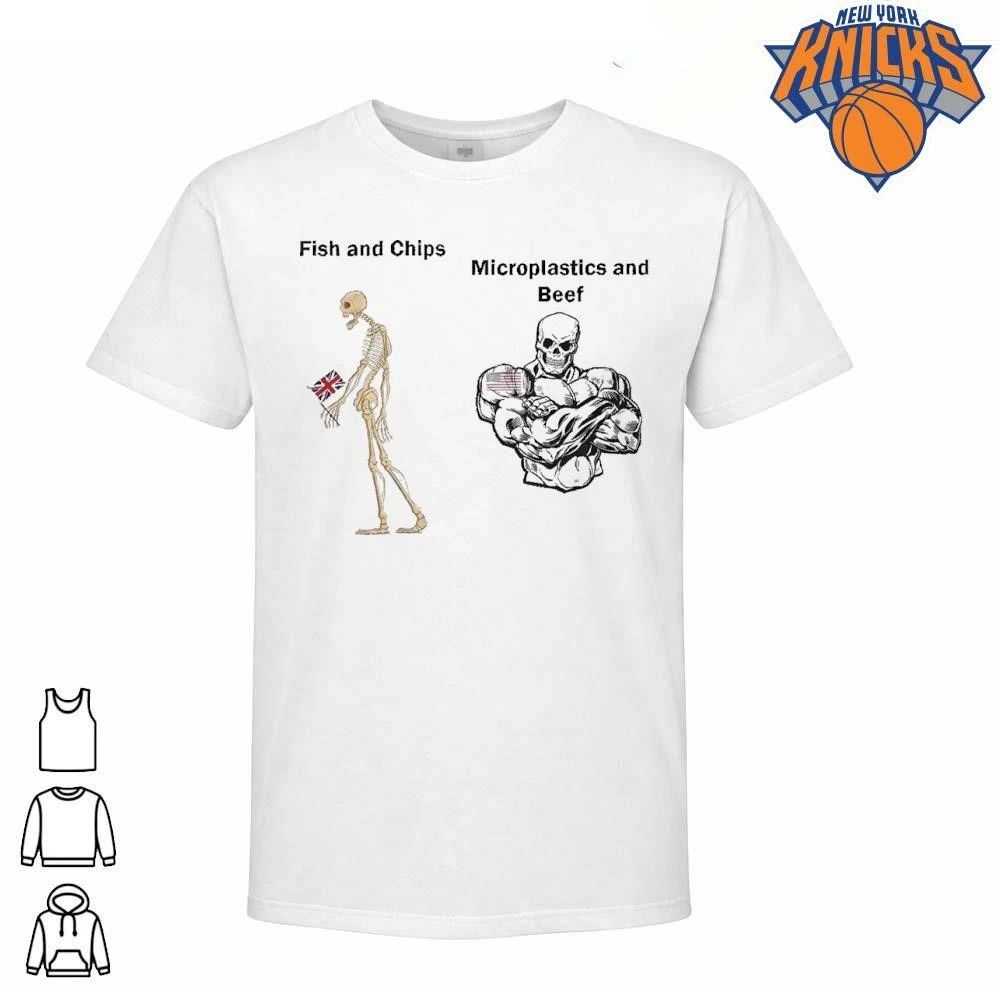 Fish and Chips vs Microplastics and Beef British American Chad Skeleton Meme Shirt