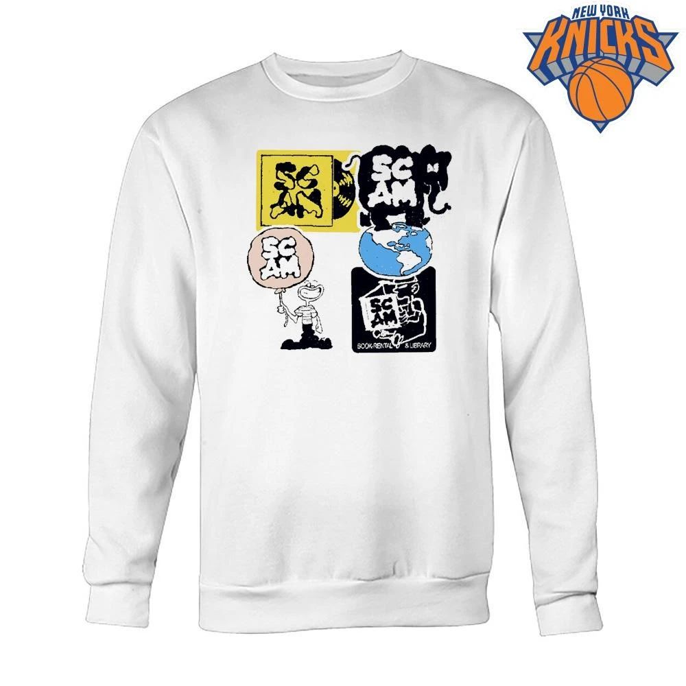 Scam World Globe Records Library Sticker Shirt