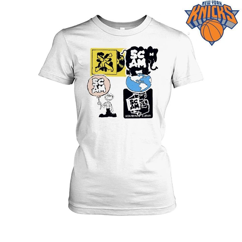 Scam World Globe Records Library Sticker Shirt