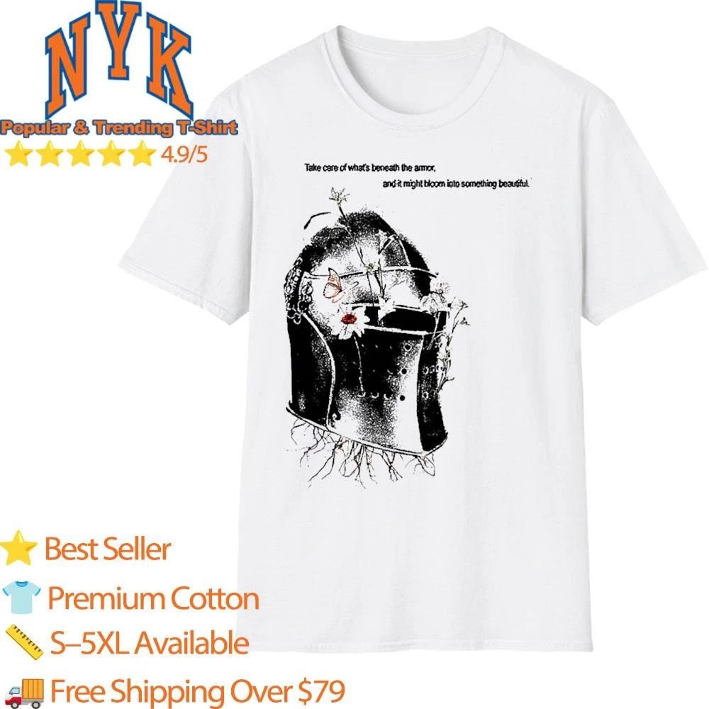 Take care of whats beneath the armor medieval knight helmet blooming flowers shirt