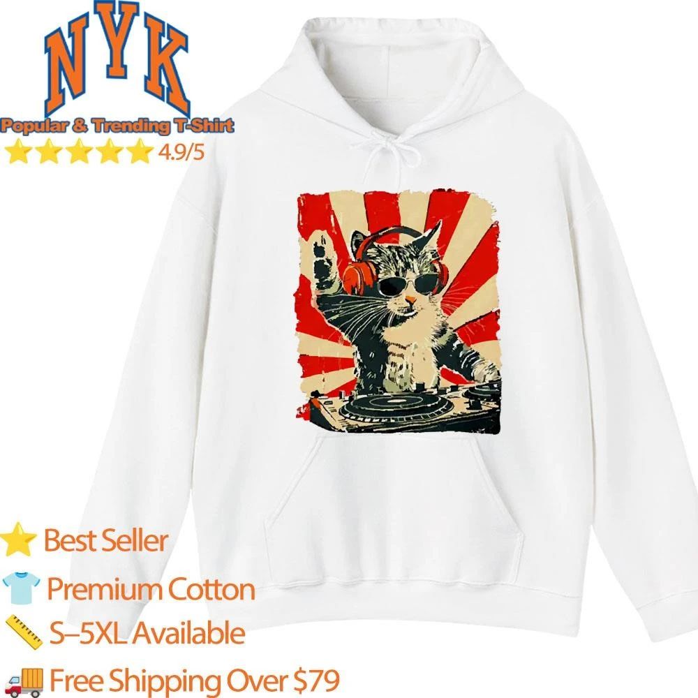 Vintage DJ Cat with Headphones Sunglasses and Retro Sunburst Japanese Style T Shirt