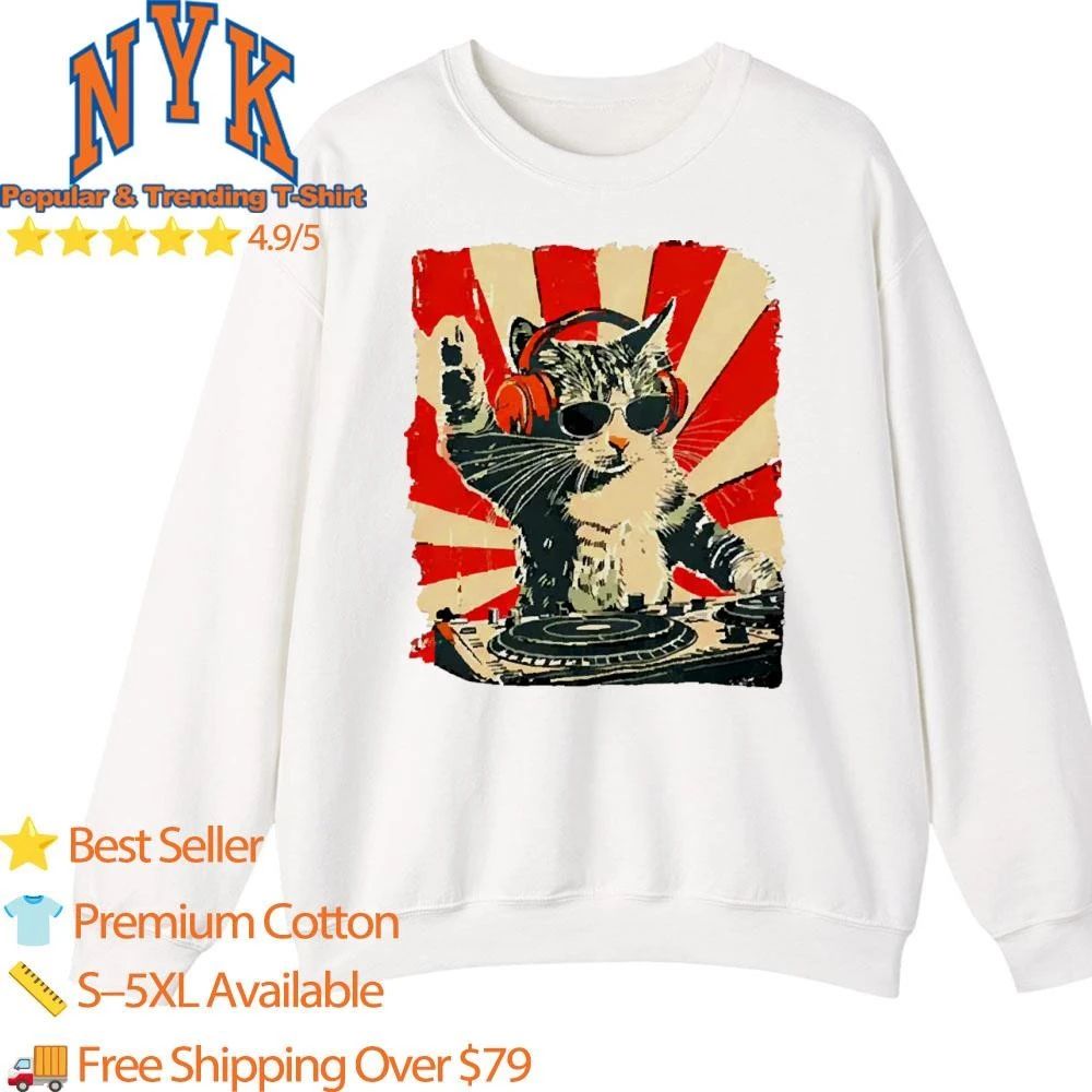 Vintage DJ Cat with Headphones Sunglasses and Retro Sunburst Japanese Style T Shirt