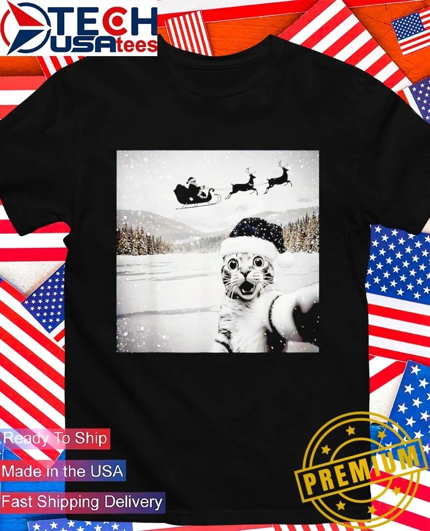 Cat selfie with Santa Christmas meme shirt