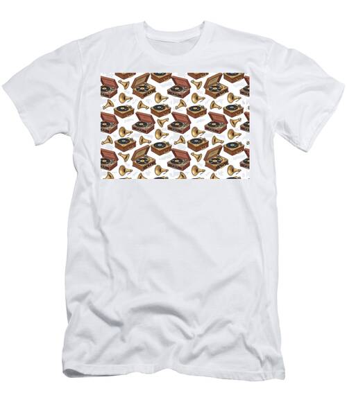 Vintage Record Players and Horns Pattern T-Shirt