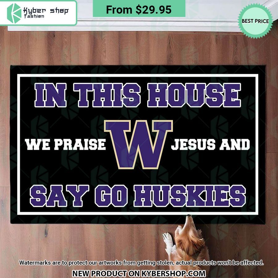 Washington Huskies In This House We Praise Jesus and Say Go Huskies Doormat