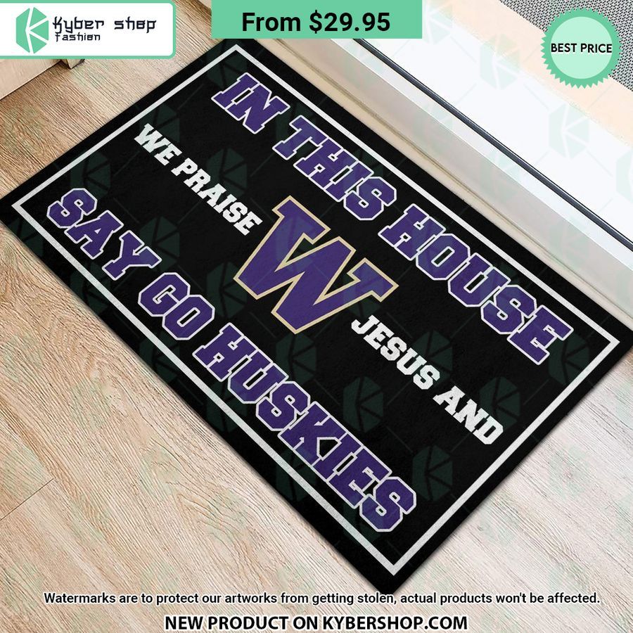 Washington Huskies In This House We Praise Jesus and Say Go Huskies Doormat